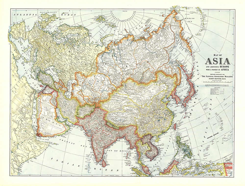 1921 Map of Asia with Europe and a portion of Africa