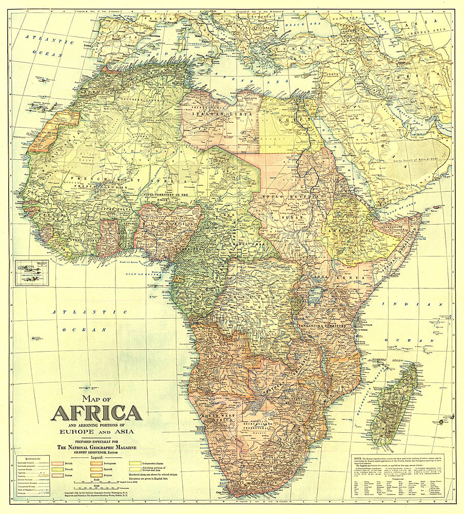 1922 Africa Map with portions of Europe and Asia