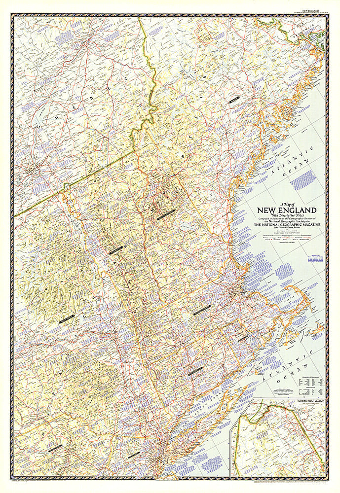 1955 Map of New England with Descriptive Notes