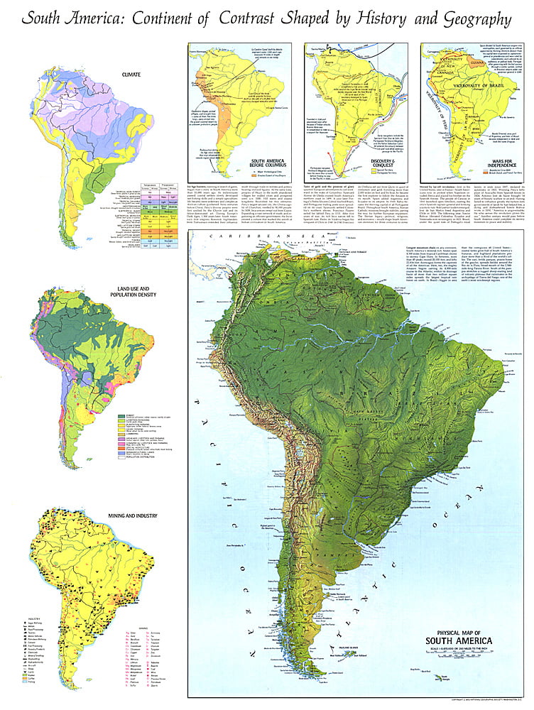 1972 Physical Map of South America Map