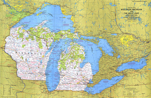 1973 Close-up USA, Wisconsin, Michigan, and the Great Lakes Map