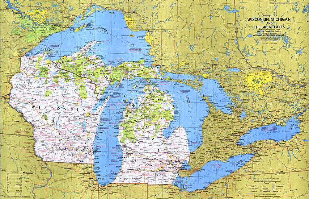 1973 Close-up USA, Wisconsin, Michigan, and the Great Lakes Map