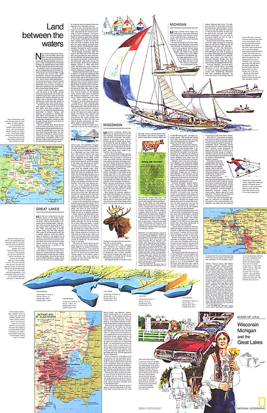 1973 Close-up USA, Wisconsin, Michigan, and the Great Lakes Map, Land Between the Waters Theme