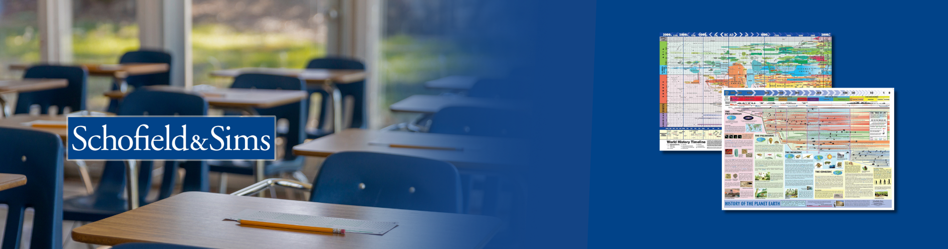 Classroom setting with Schofield&Sims branding and educational posters on a blue background
