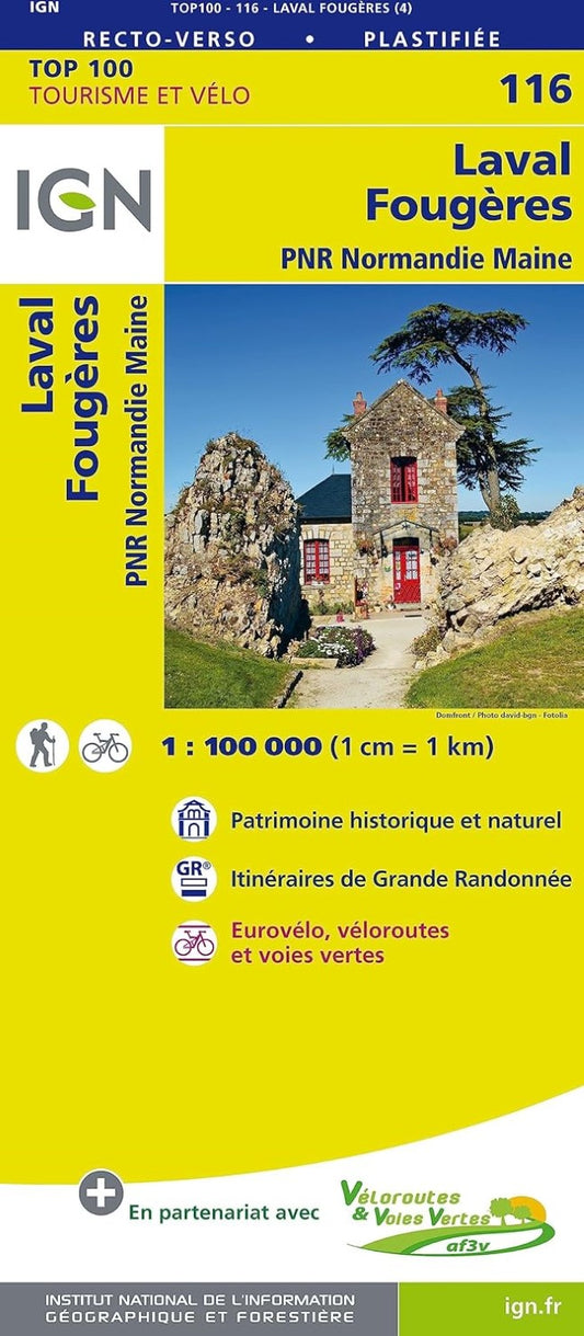 Sheet 116. Laval - Fourgeres Top 100 Cycling and Hiking Map