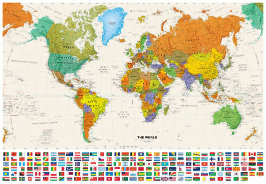 2024 Contemporary World 50” x 34.5” Wall Map with Flags - Tyvek