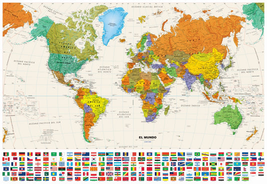 2024 Contemporary World 50” x 34.5” Wall Map with Flags - Spanish Edition