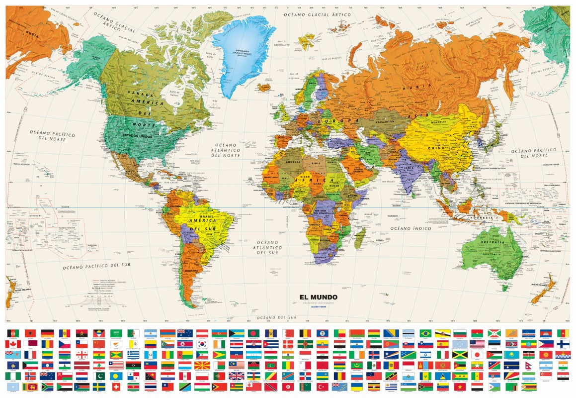2024 Contemporary World 50” x 34.5” Wall Map with Flags - Spanish Edition, Tyvek