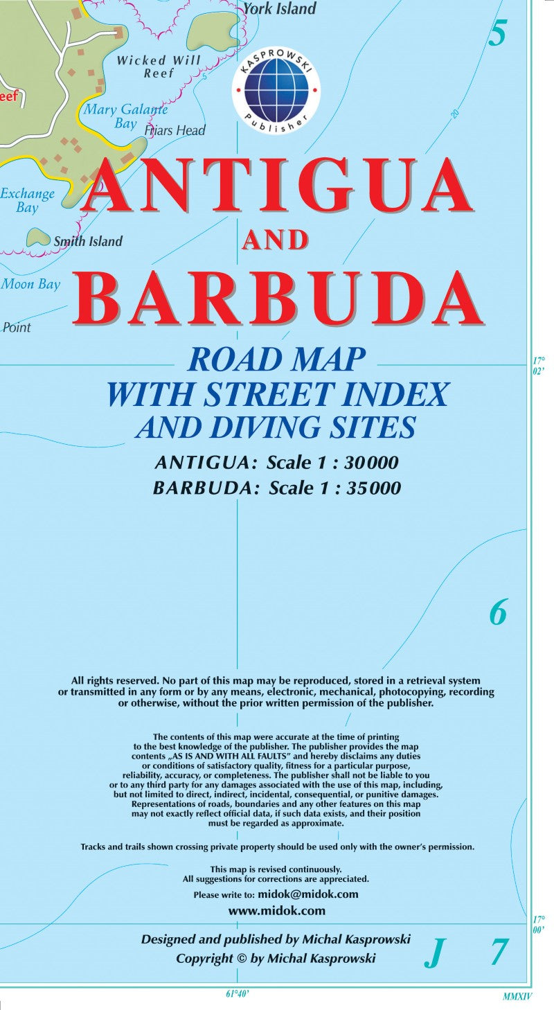 Antigua and Barbuda : road map with street index and diving sites