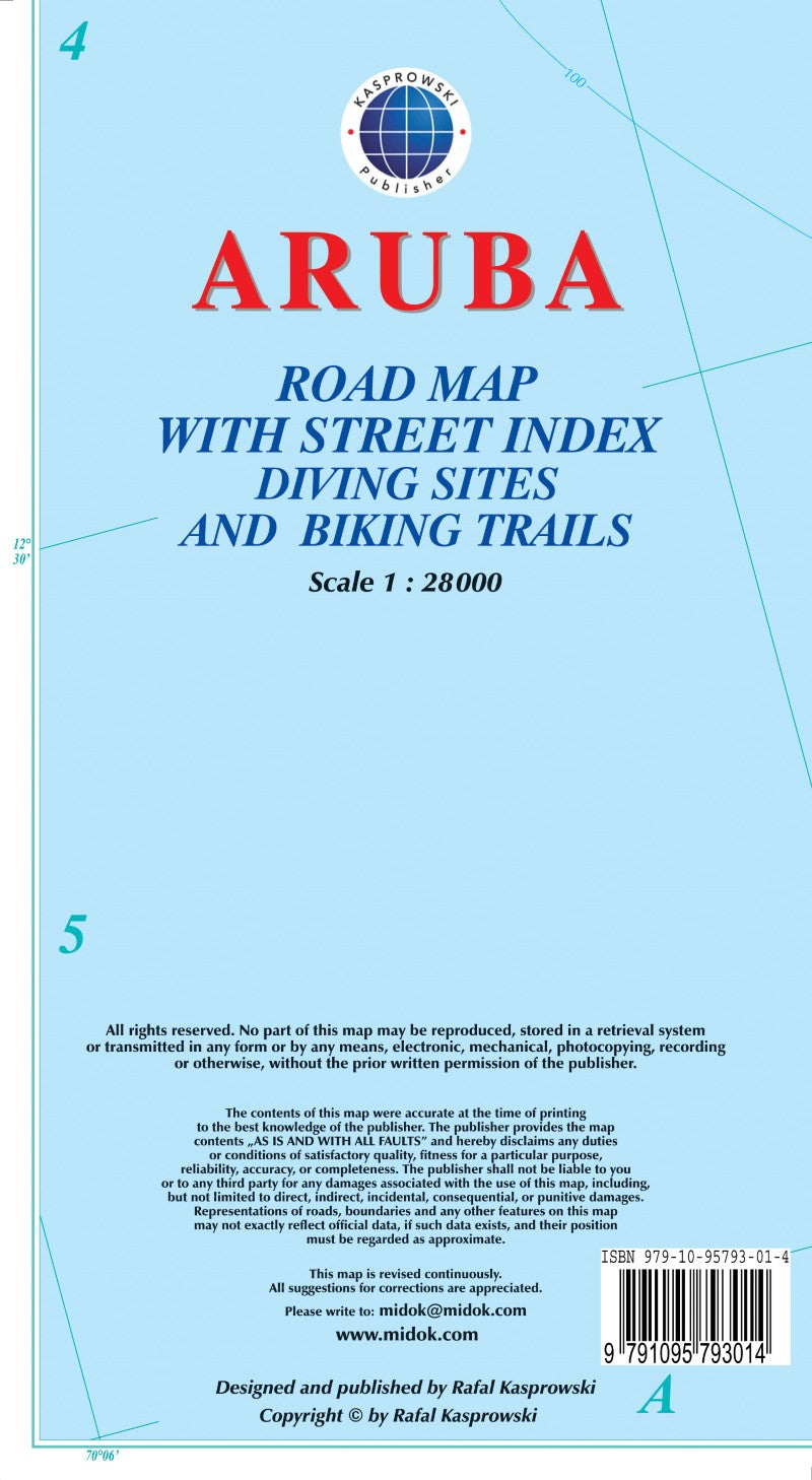 Aruba : road map with street index diving sites and biking trails