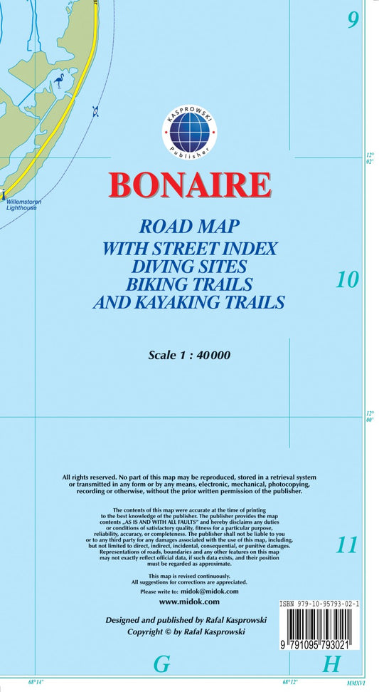 Bonaire : road map with street index diving sites biking trails and kayaking trails