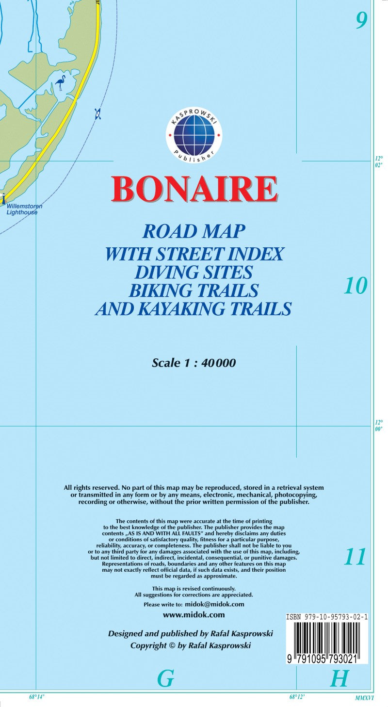 Bonaire : road map with street index diving sites biking trails and kayaking trails
