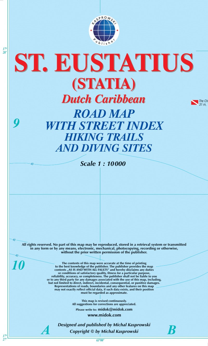 St. Eustatius (Statia) : Dutch Caribbean : road map with street index hiking trails and diving sites