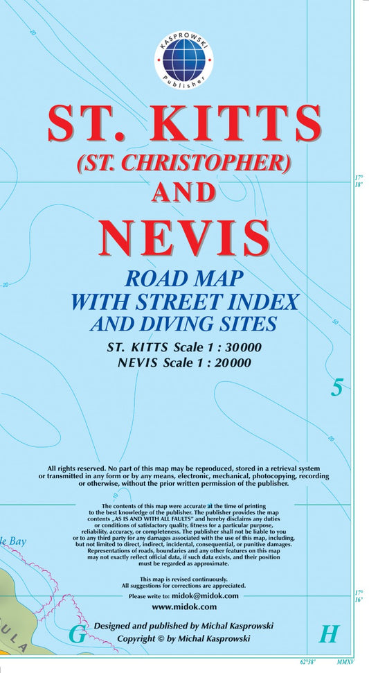 St. Kitts (St. Christopher) and Nevis : road map with street index and diving sites