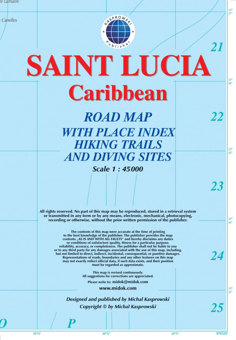 Saint Lucia, Caribbean : road map with place index hiking trails and diving sites