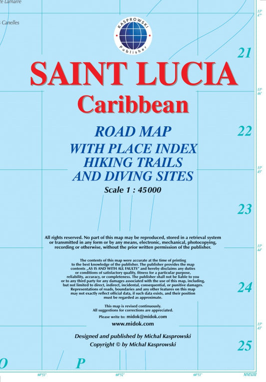 Saint Lucia, Caribbean : road map with place index hiking trails and diving sites