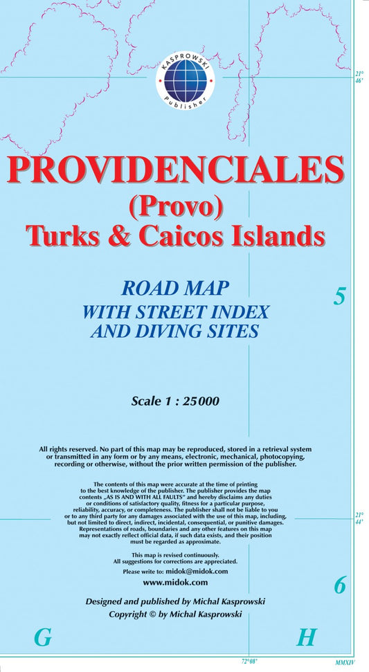 Providenciales (Provo) : Turks & Caicos Islands : road map with street index and diving sites