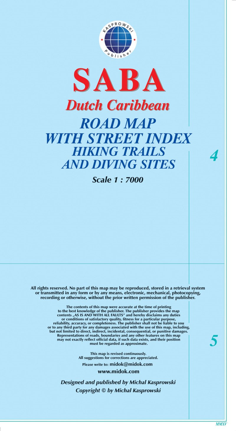 Saba, Dutch Caribbean : road map with street index hiking trails and diving sites
