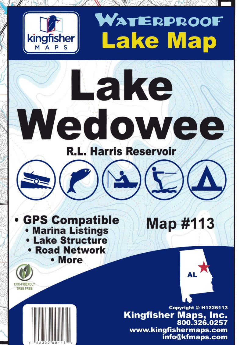Lake Wedowee, Alabama Waterproof Fishing Lake Map