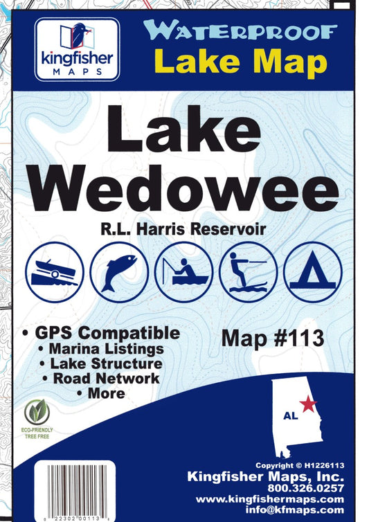 Lake Wedowee, Alabama Waterproof Fishing Lake Map