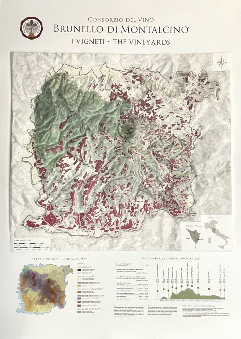 The Vineyards of Brunello di Montalcino Wine Raised Relief Map