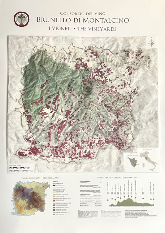 The Vineyards of Brunello di Montalcino Wine Raised Relief Map