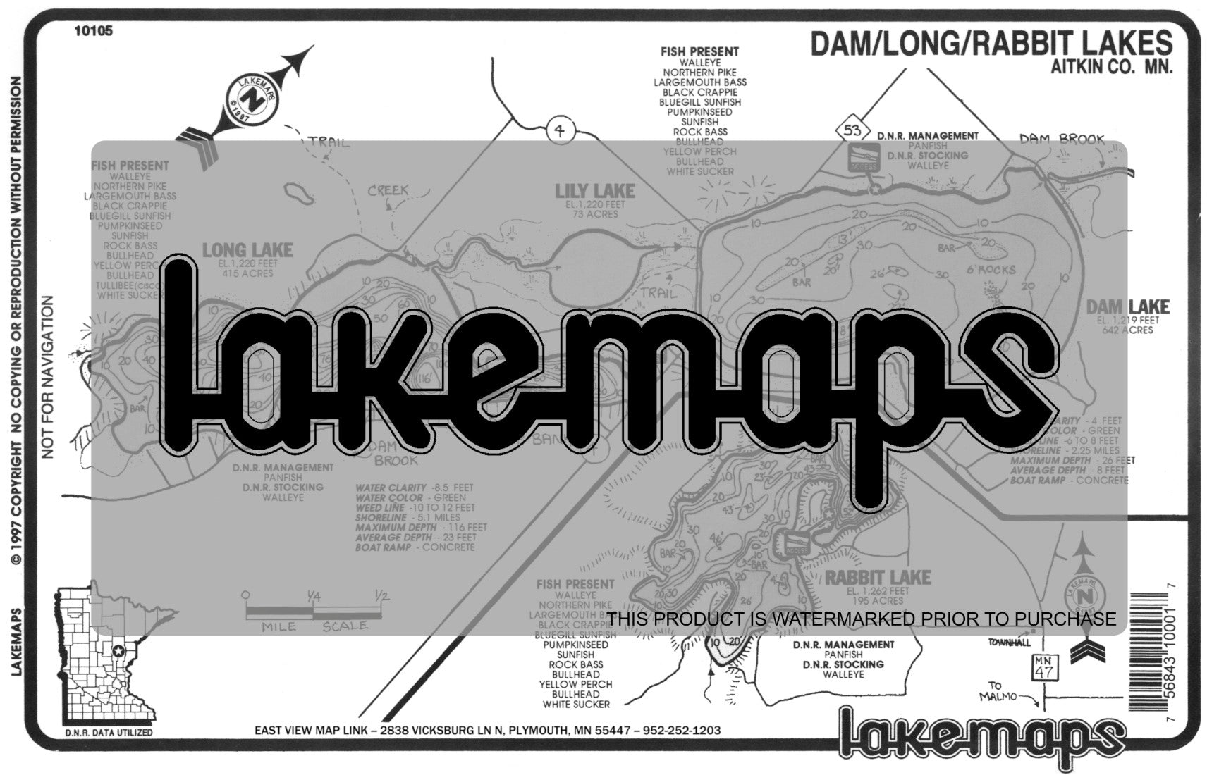 Aitkin County, MN - DAM / Long / Rabbit - Lakemap - 10105