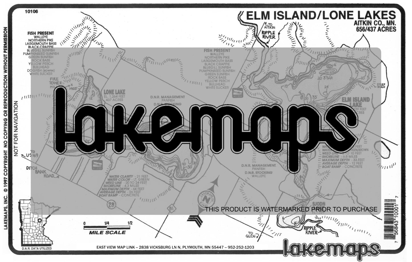 Aitkin County, MN - ELM ISLAND / Lone / Sjodn - Lakemap - 10106
