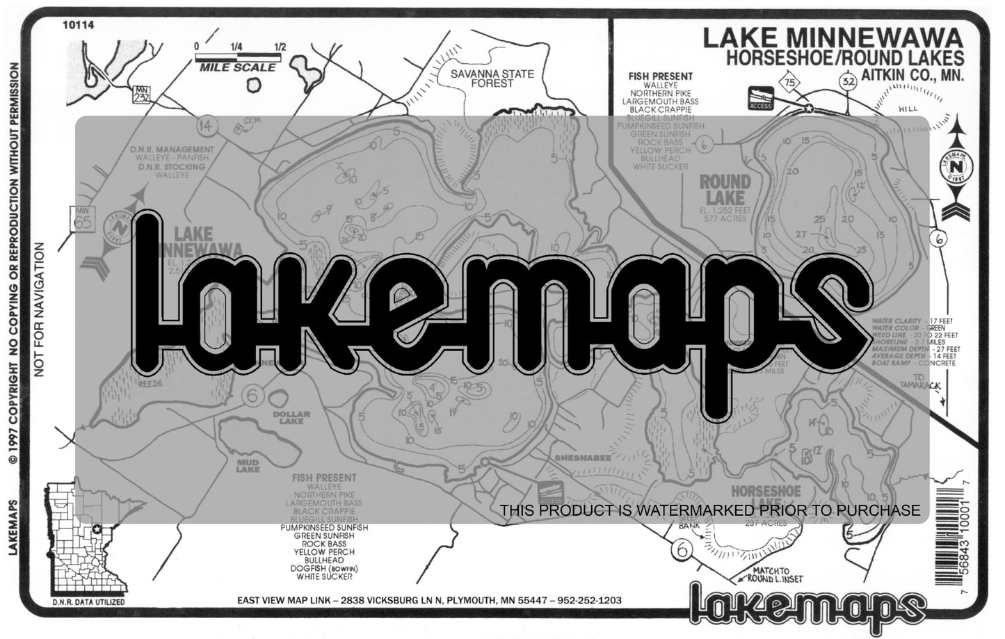 Aitkin County, MN - MINNEWAWA/ Horseshoe/ Round - Lakemap - 10114