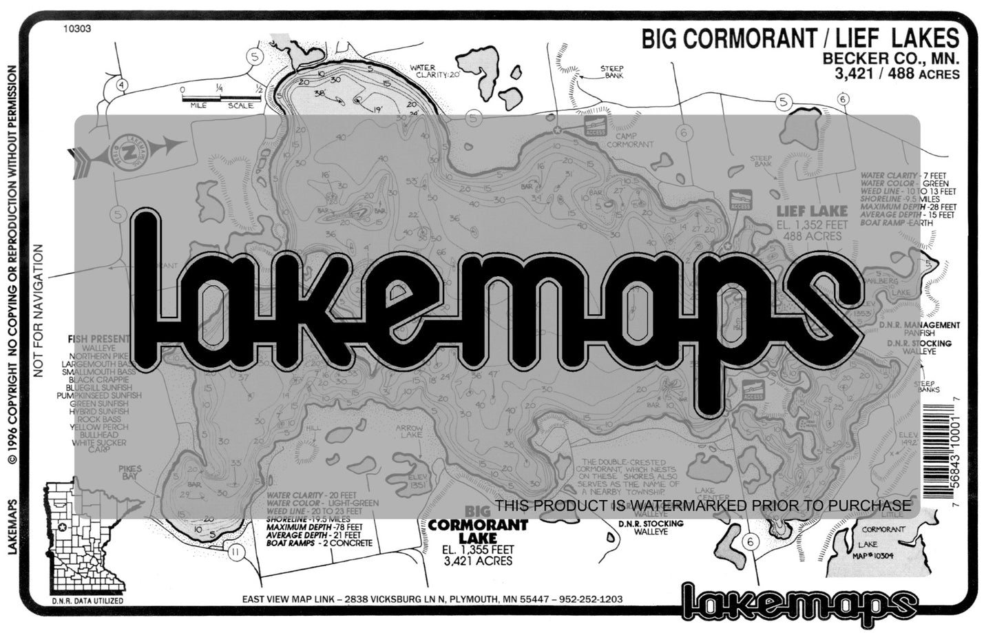 Becker County, MN - CORMORANT, Big / Lief - Lakemap - 10303