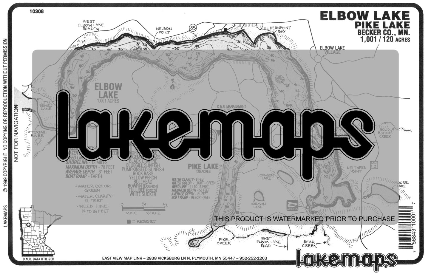 Becker County, MN - ELBOW / Pike - Lakemap - 10308