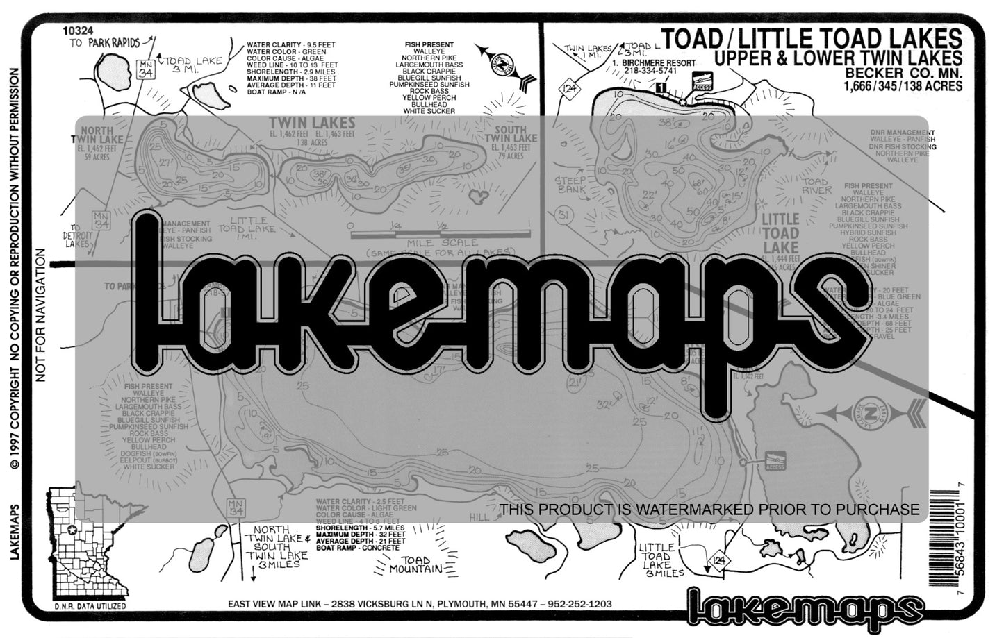 Becker County, MN - TOAD/ L. Toad / Twin - Lakemap - 10324