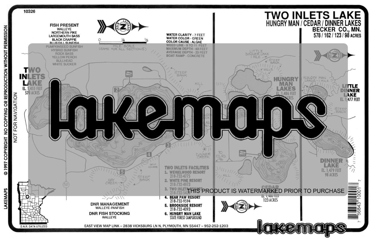 Becker County, MN - TWO INLETS/ Hungry Man - Lakemap - 10326