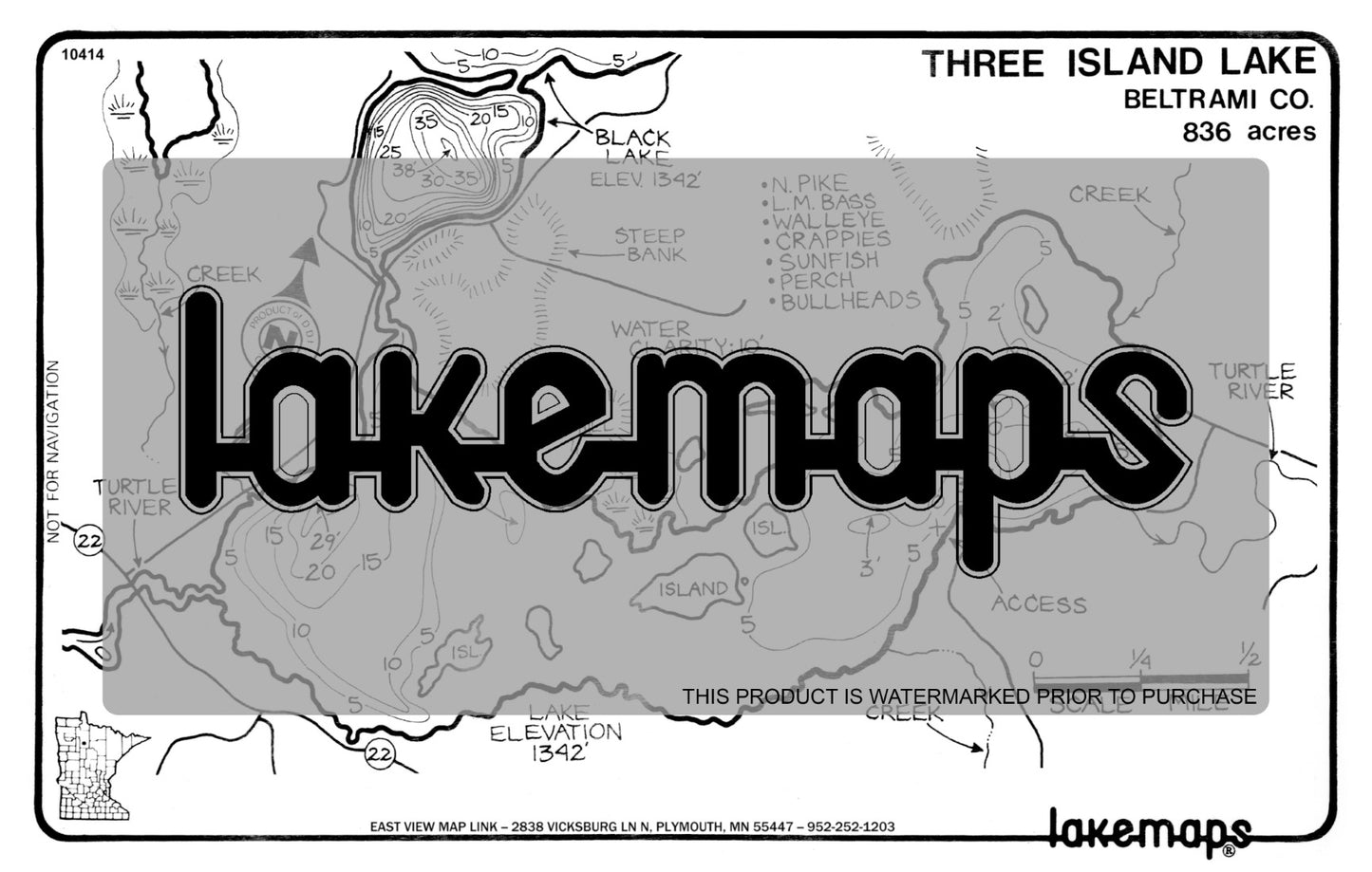 Beltrami County, MN - THREE ISLAND - Lakemap - 10414