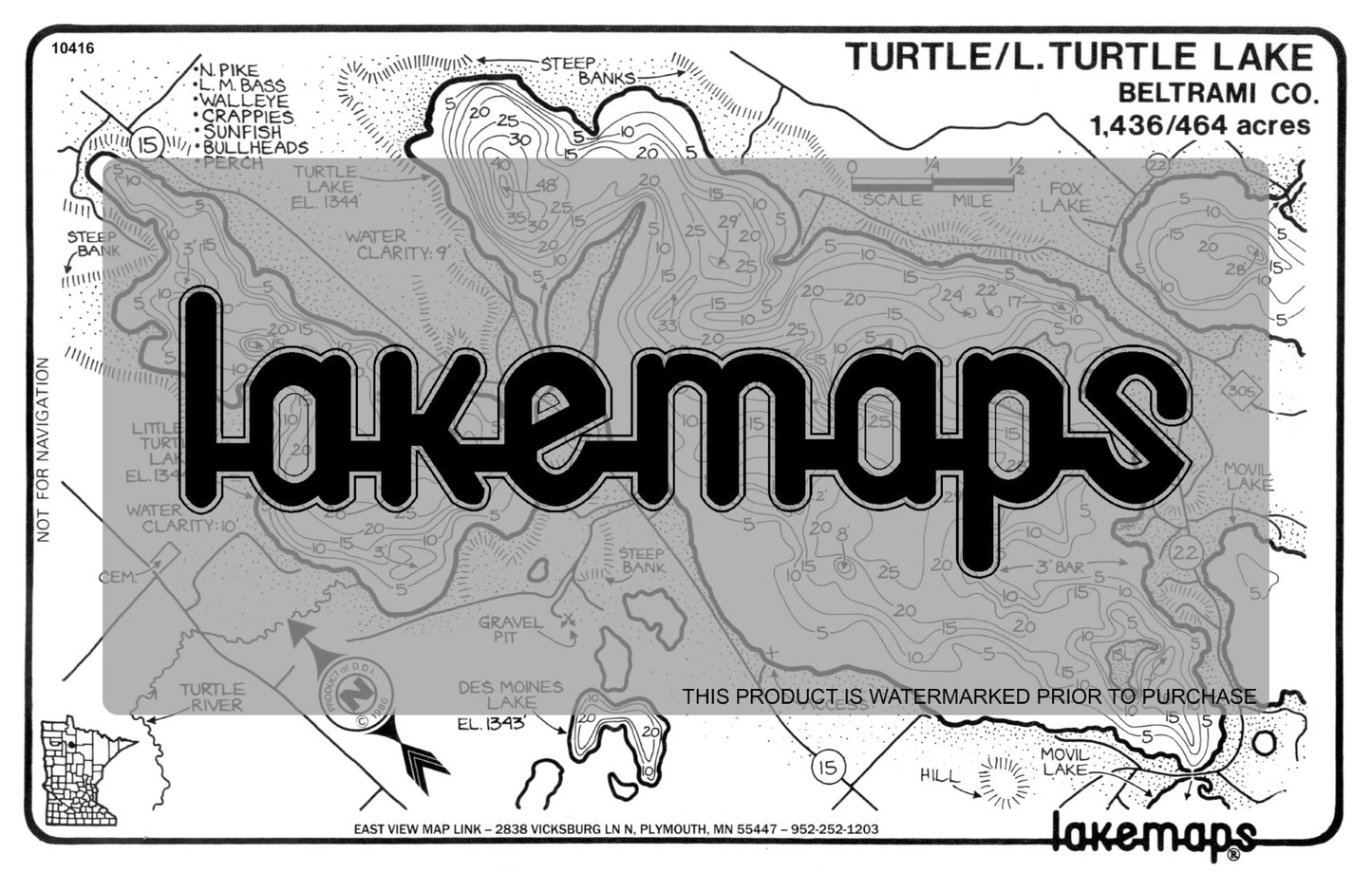 Beltrami County, MN - TURTLE / Little Turtle - Lakemap - 10416