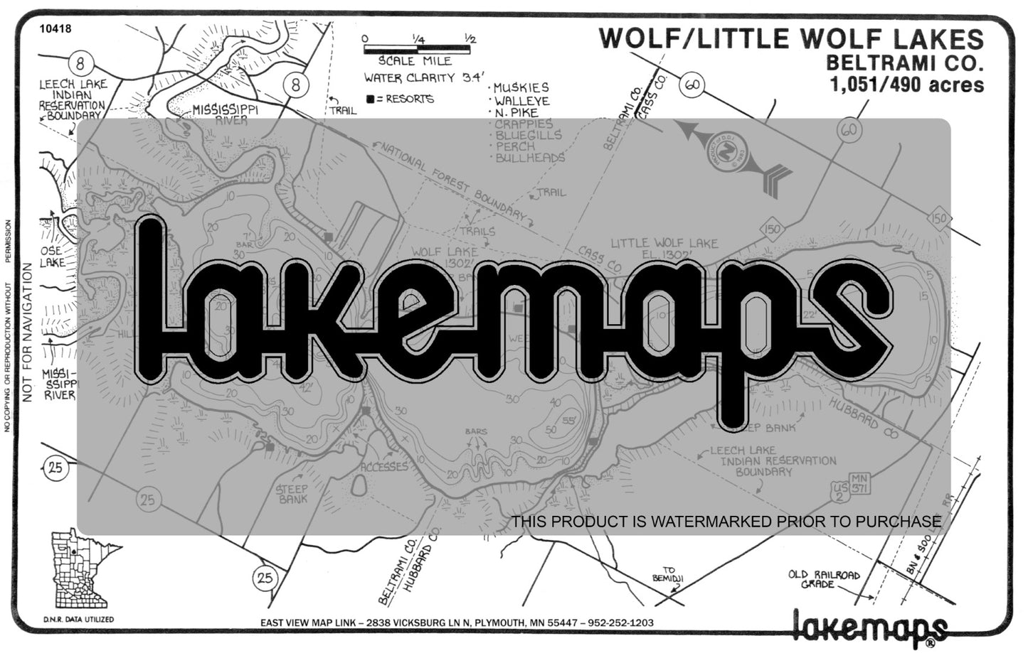 Beltrami County, MN - WOLF / Little Wolf - Lakemap - 10418