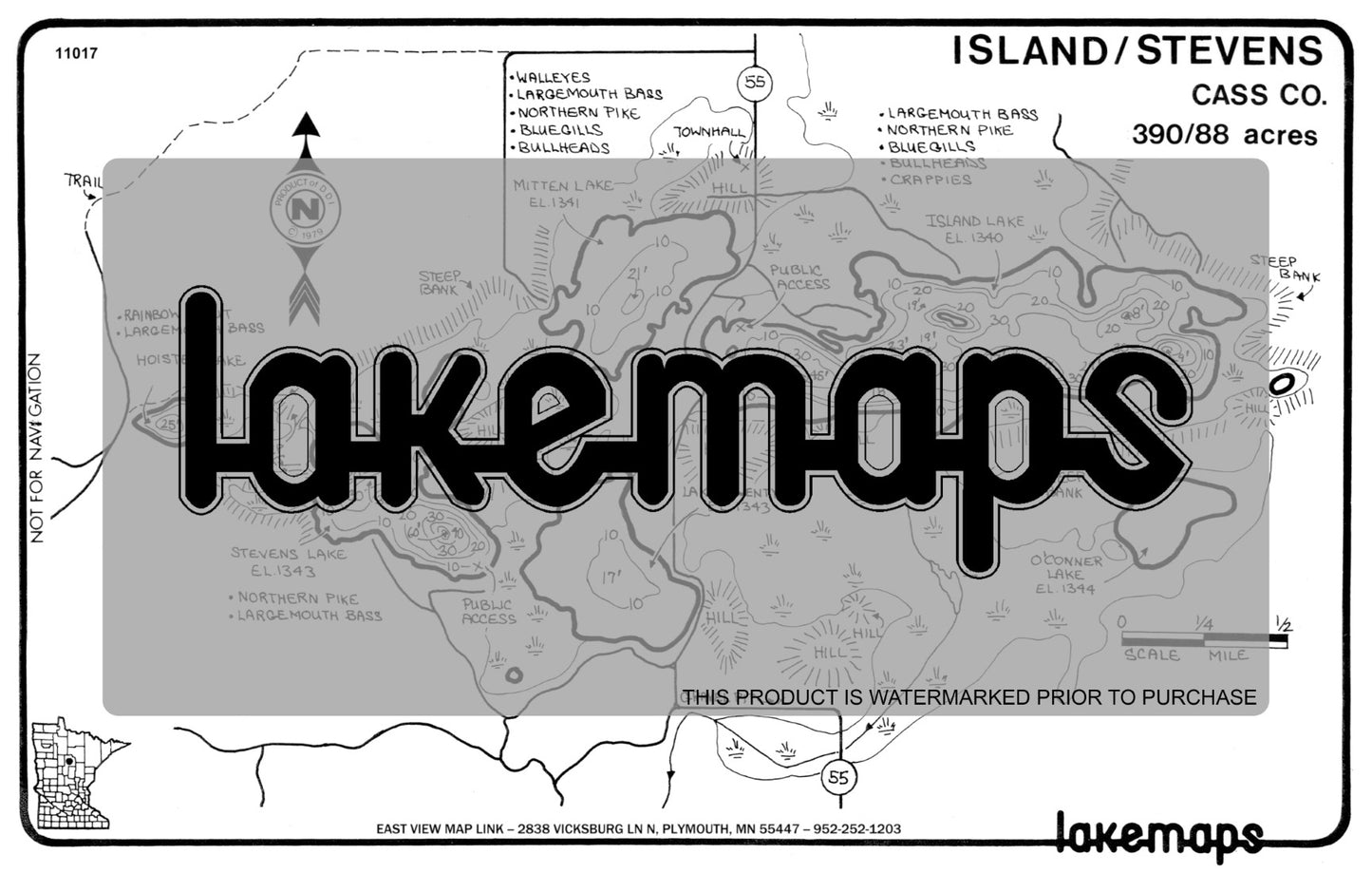 Cass County, MN - ISLAND /  Stevens - Lakemap - 11017