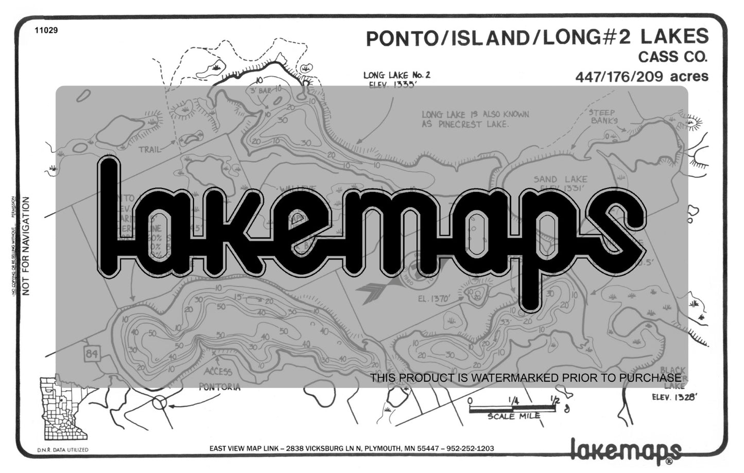 Cass County, MN - PONTO /  Island /  Long #2 - Lakemap - 11029