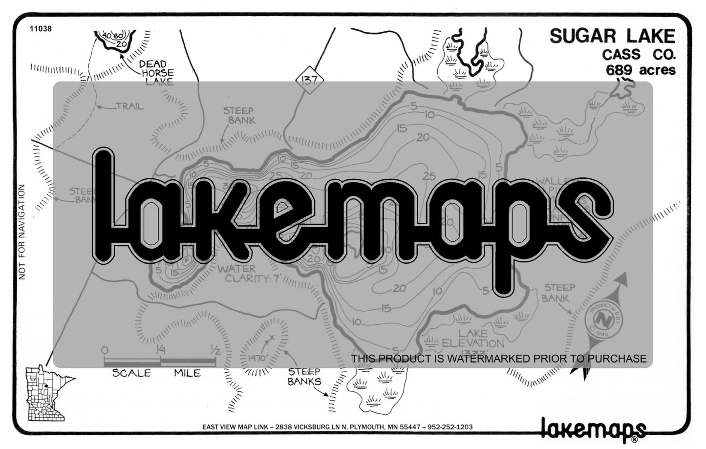 Cass County, MN - SUGAR (North of Remer) - Lakemap - 11038