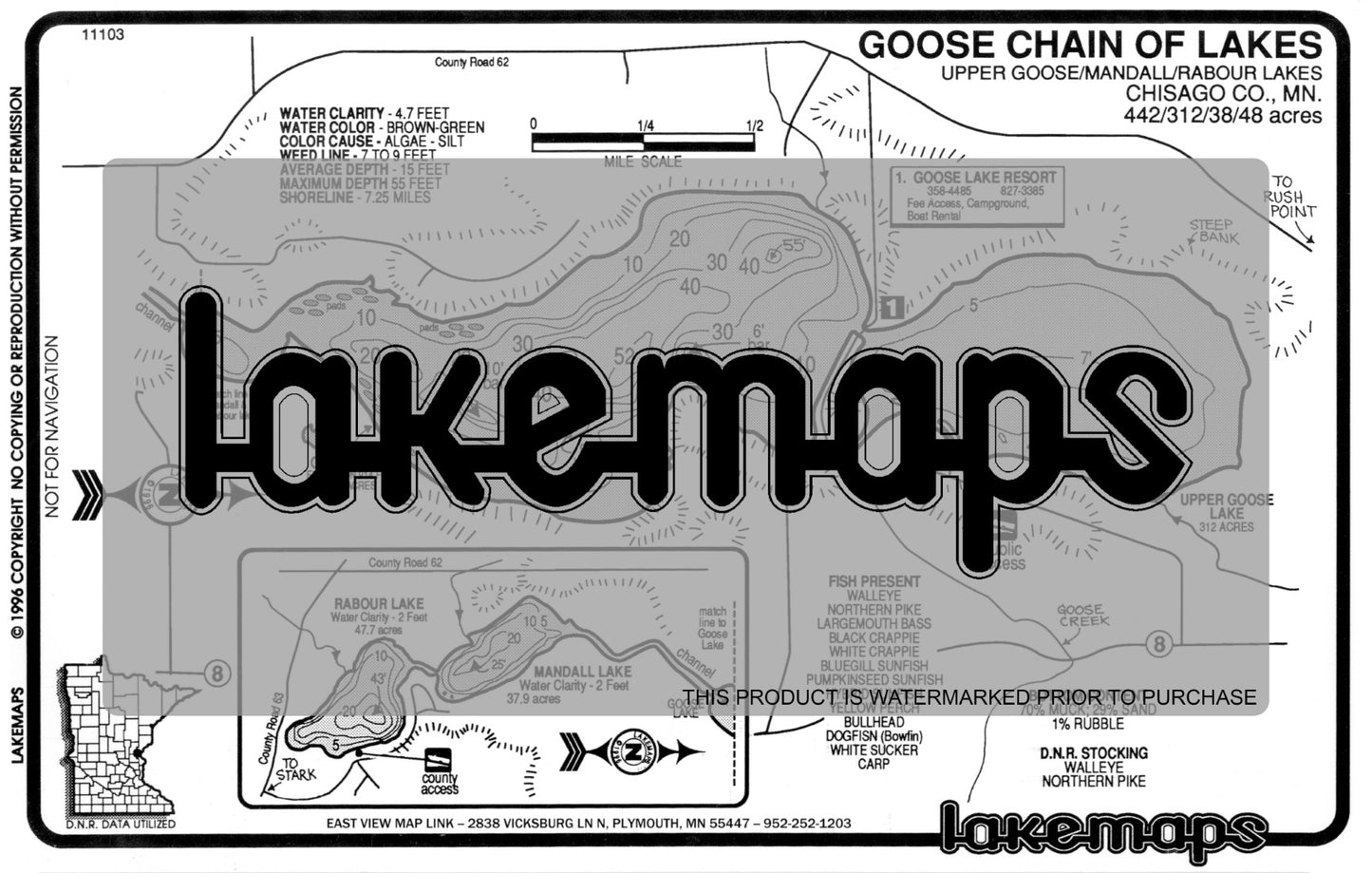 Chisago County, MN - GOOSE Chain of Lakes (Goose,  Mandall, Rabour) - Lakemap - 11103