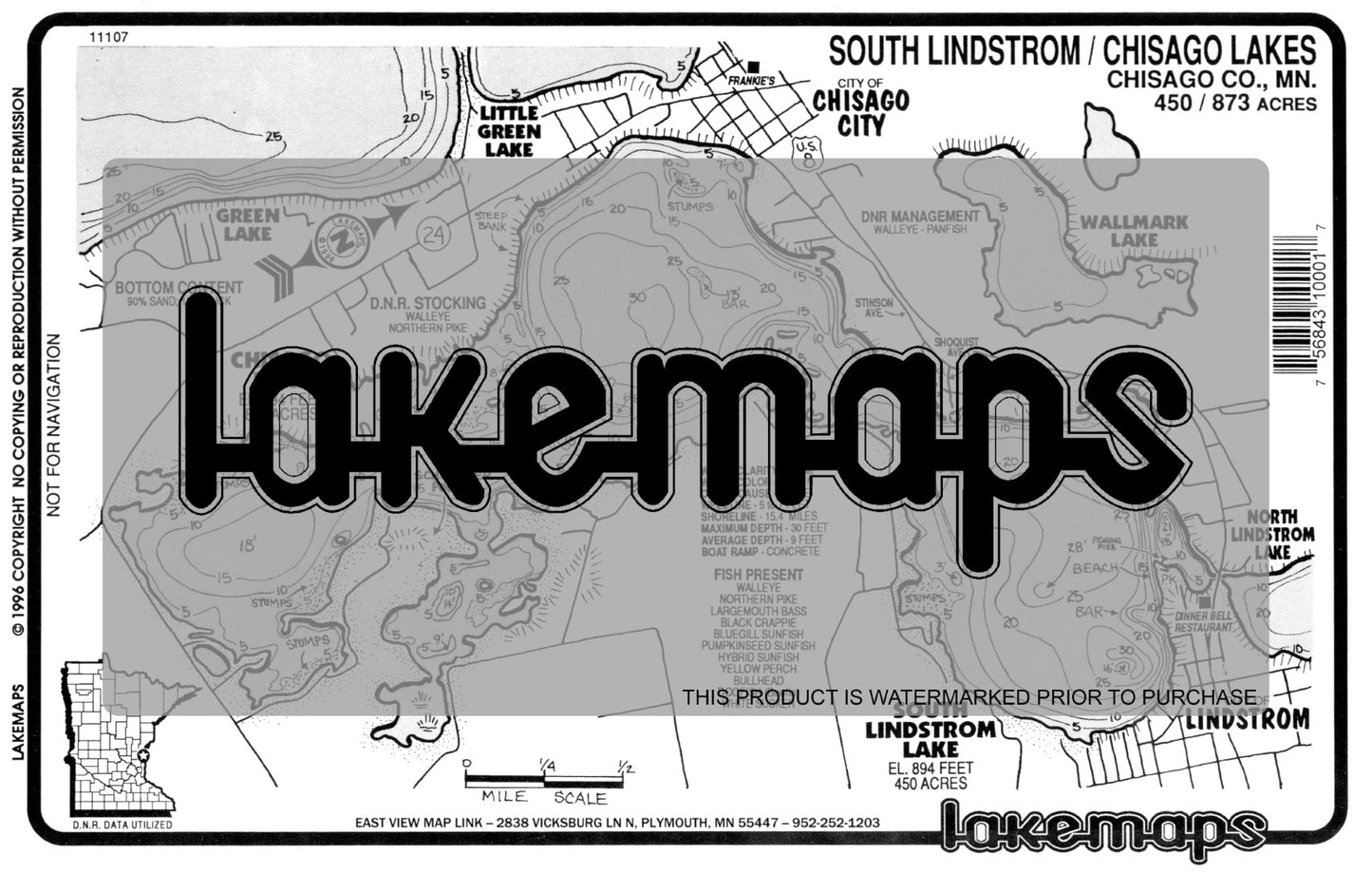 Chisago County, MN - LINDSTROM, South / CHISAGO - Lakemap - 11107