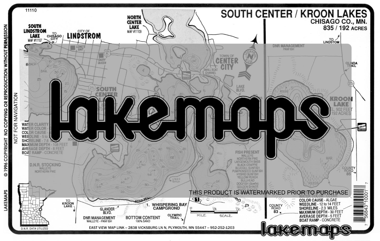 Chisago County, MN - CENTER, SOUTH / Kroon - Lakemap - 11110