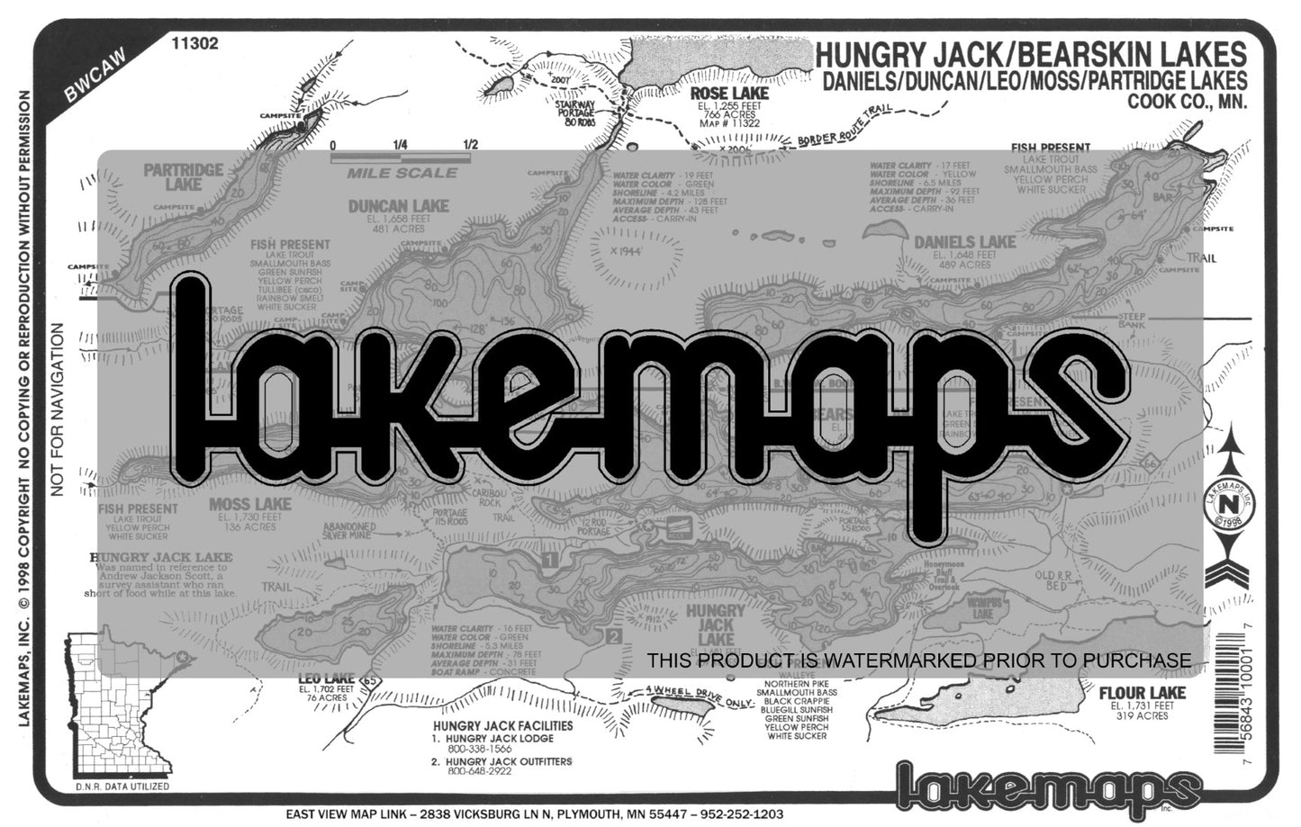 Cook County, MN - HUNGRY JACK / Bearskin / Duncan / MOSS / Daniels(BWCA) - Lakemap - 11302