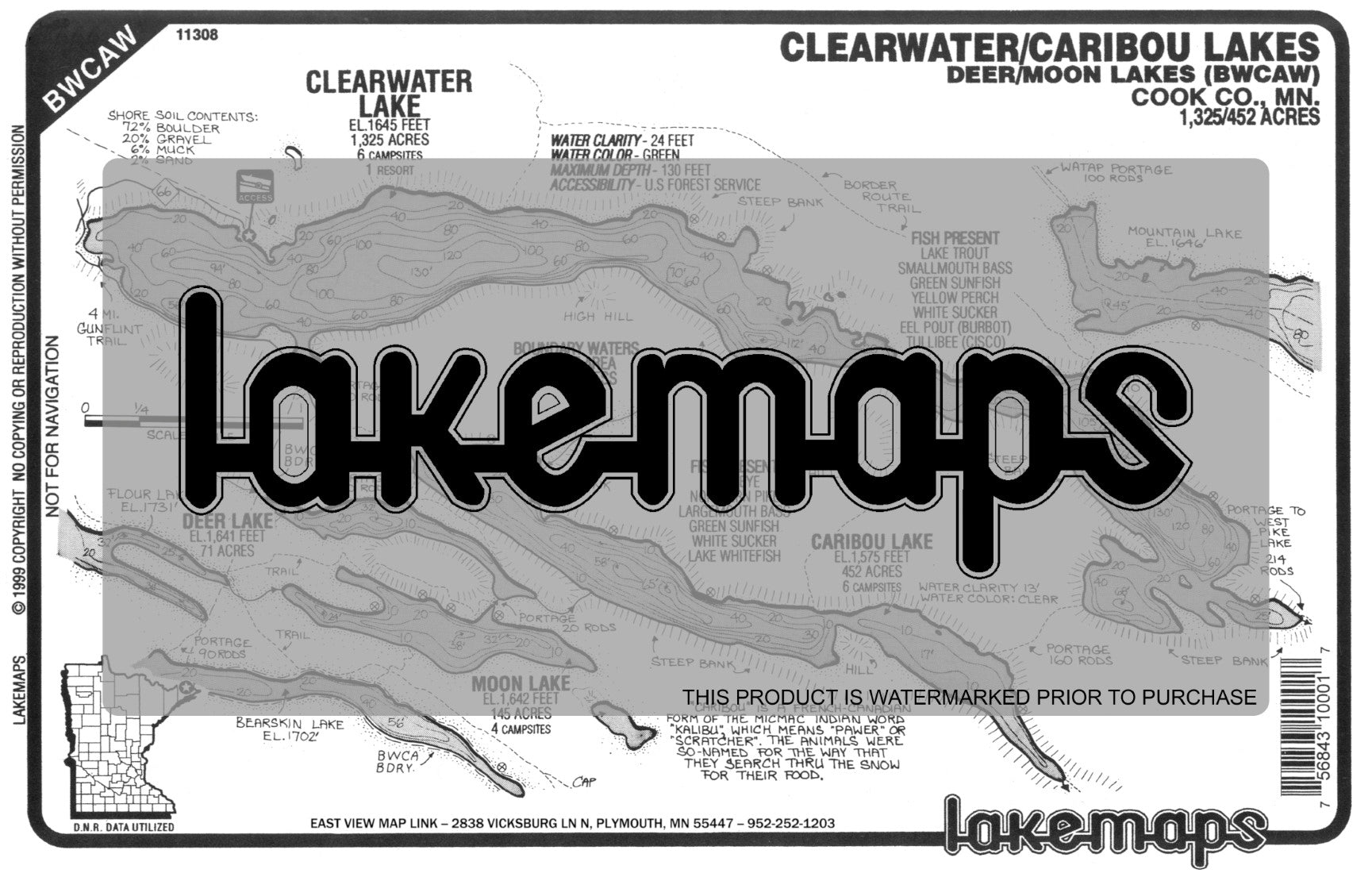 Cook County, MN - CLEARWATER / Caribou / Moon / Deer (BCWA) - Lakemap - 11308