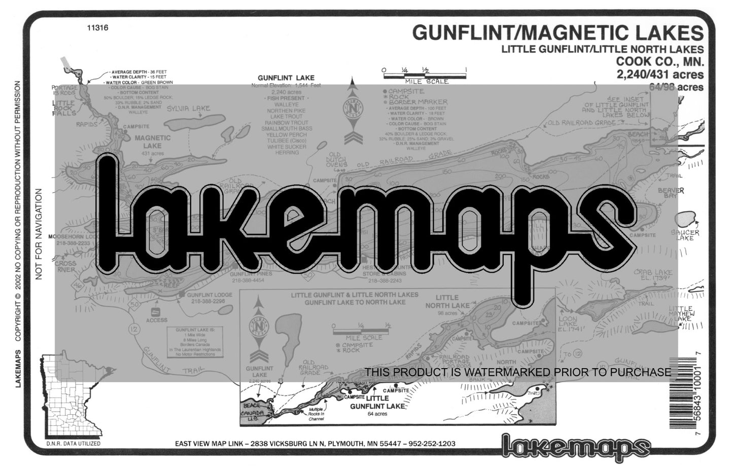 Cook County, MN - GUNFLINT / Little Gunflint / Magnetic - Lakemap - 11316