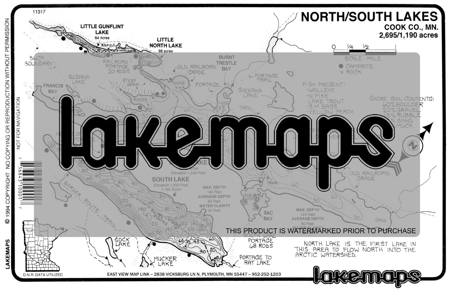 Cook County, MN - NORTH / South  (BWCA) - Lakemap - 11317