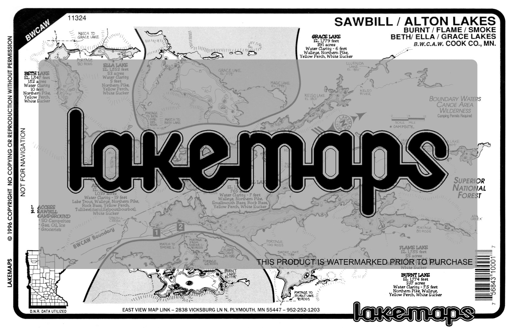 Cook County, MN - SAWBILL / Alton / Burnt / Grace / Beth / Smoke / Ella / Kelso / Java (BWCA) - Lakemap - 11324