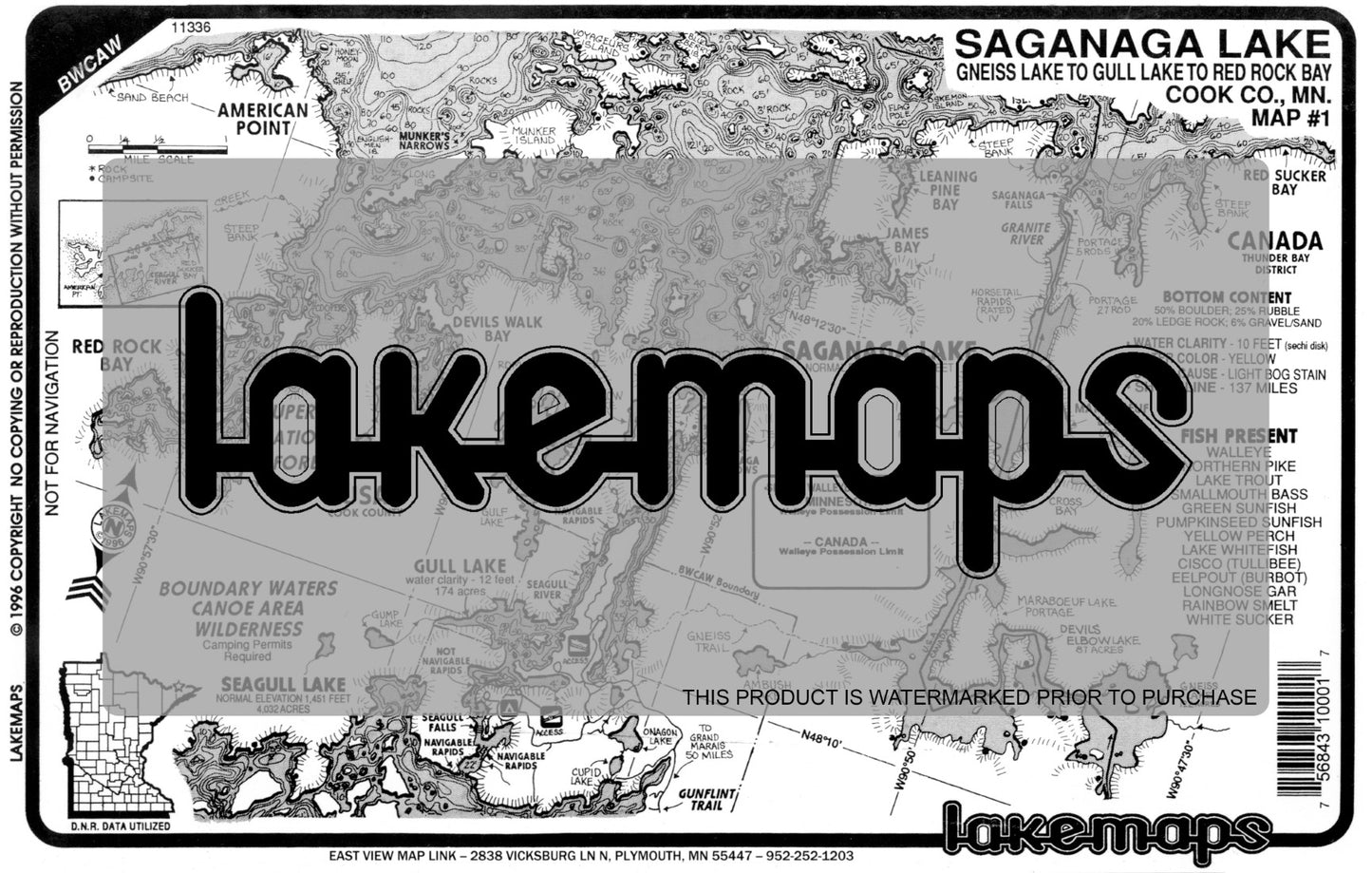 Cook County, MN - Saganaga Lake - Map 1 - Gull River. Flow. to Red Rock Bay - Lakemap - 11336