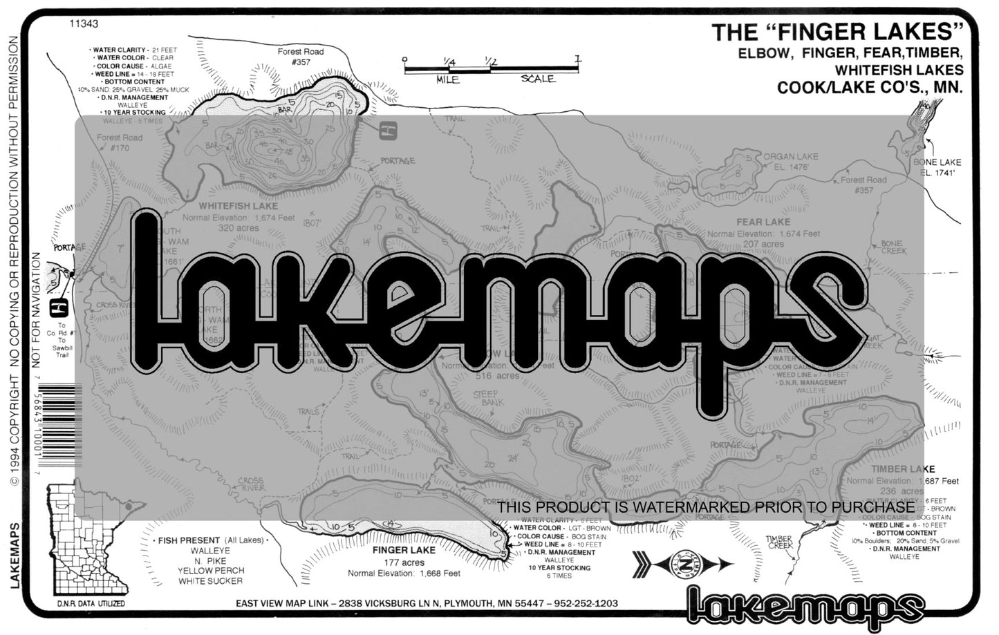 Cook County, MN - ELBOW/Finger/Fear/Timber/Whitefish - Lakemap - 11343