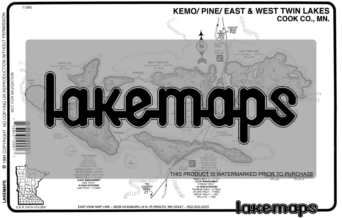 Cook County, MN - KEMO /  Pine /  E & W Twin - Lakemap - 11345